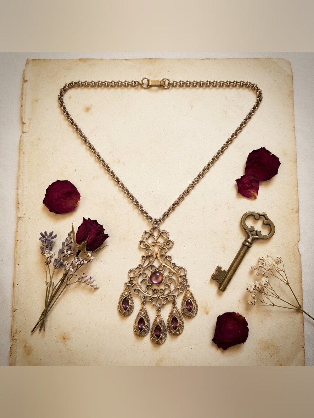 Vintage Victorian Gold-Tone Statement Necklace With Pink Sapphires